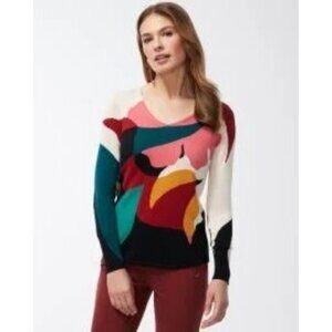 Chicos Multicolor Abstract Print V-Neck Long Sleeve Sweater Size 2 US L Cotton